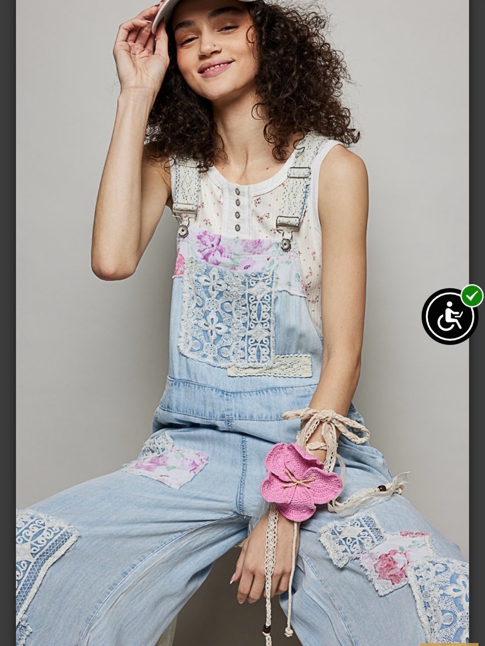 POL Light Blue Denim Patchwork Lace Women's Overalls